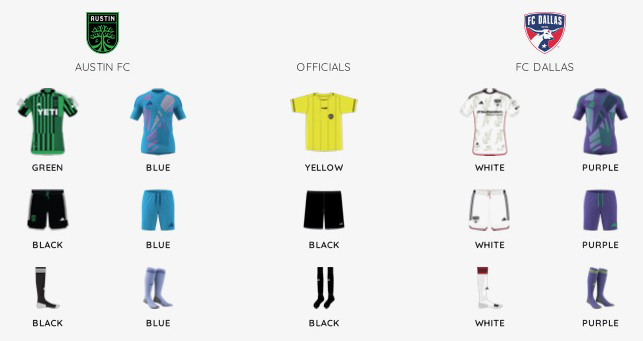 MLS Kit assignments for FC Dallas at Austin FC, March 30, 2024. (Courtesy MLS)