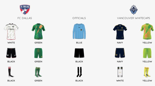 MLS kit assignments for  FC Dallas vs Vancouver Whitecaps, March 16, 2024. (Courtesy MLS)