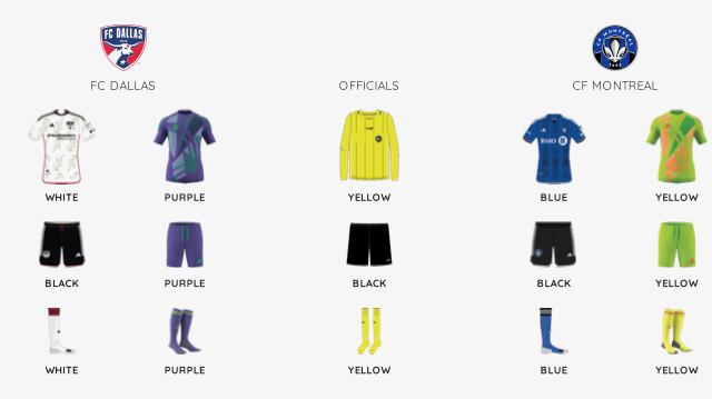 MLS kit assignments for FC Dallas vs CF Montreal, March 2, 2024. (Courtesy MLS)