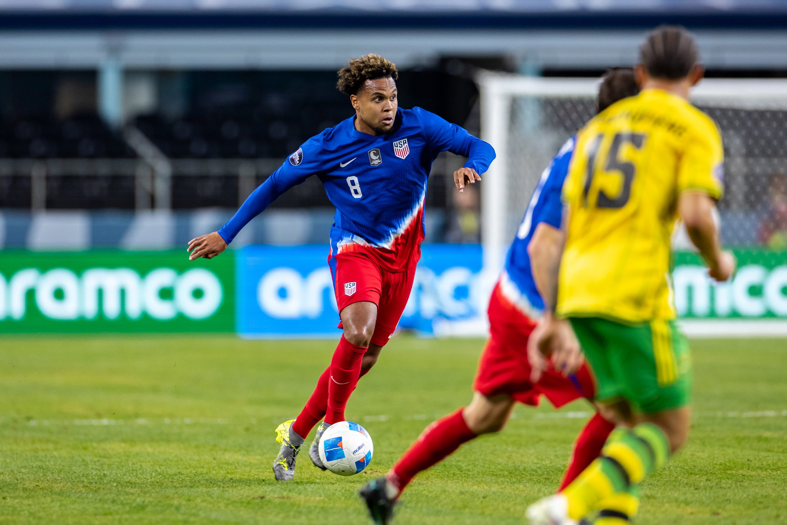 Weston McKennie keeps his eye on the opposition as the US Men's National team knocks off Jamaica 3-1 in the Concacaf Nations League on March 21, 2024, at AT&T Stadium in Arlington, Texas. (Matt Visinsky, 3rd Degree)