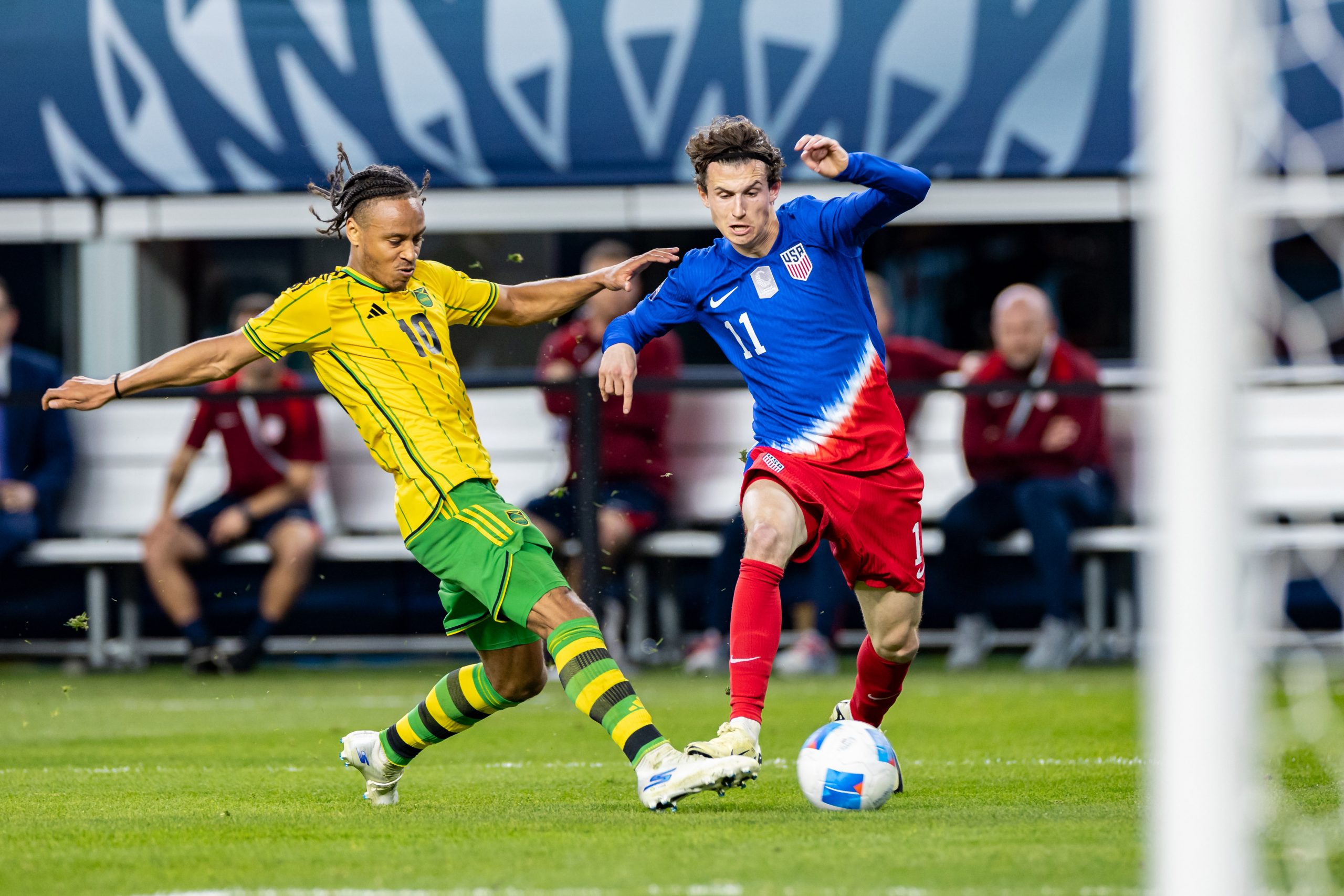 Brenden Aaronson tries to get past the defense as the US Men's National team knocks off Jamaica 3-1 in the Concacaf Nations League on March 21, 2024, at AT&T Stadium in Arlington, Texas. (Matt Visinsky, 3rd Degree)