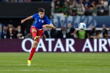 Gio Reyna shoots on goal as the US Men's National team knocks off Jamaica 3-1 in the Concacaf Nations League on March 21, 2024, at AT&T Stadium in Arlington, Texas. (Matt Visinsky, 3rd Degree)
