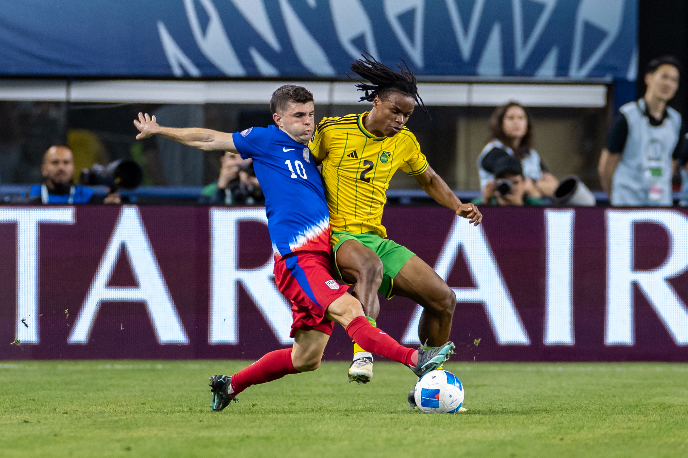 Christian Pulisic "gets stuck in" as the US Men's National team knocks off Jamaica 3-1 in the Concacaf Nations League on March 21, 2024, at AT&T Stadium in Arlington, Texas. (Matt Visinsky, 3rd Degree)