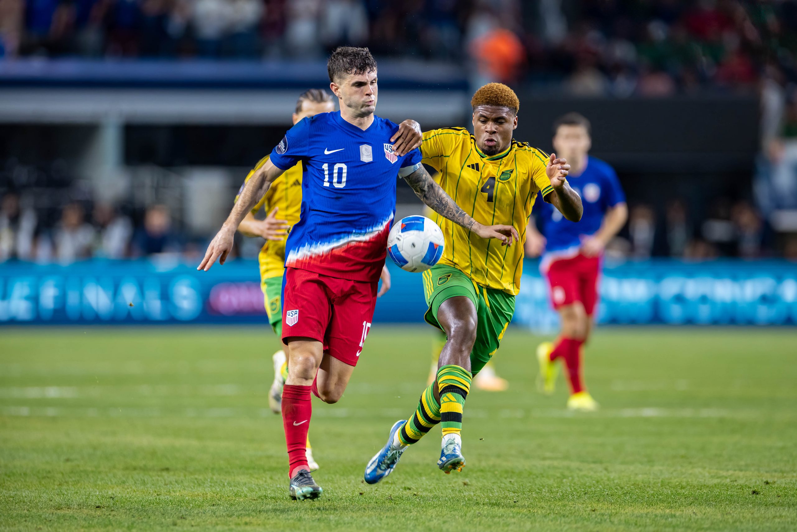 Christian Pulisic charges upfield as the he US Men's National team knocks off Jamaica 3-1 in the Concacaf Nations League on March 21, 2024, at AT&T Stadium in Arlington, Texas. (Matt Visinsky, 3rd Degree)