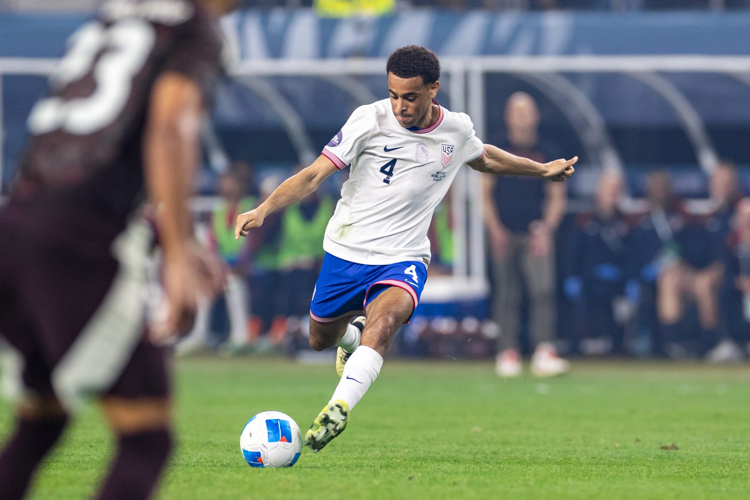 Tyler Adams lines up his epic finish in the USA's 2-0 Nations League Final win over Mexico, March 24, 2024. (Matt Visinsky, 3rd Degree)