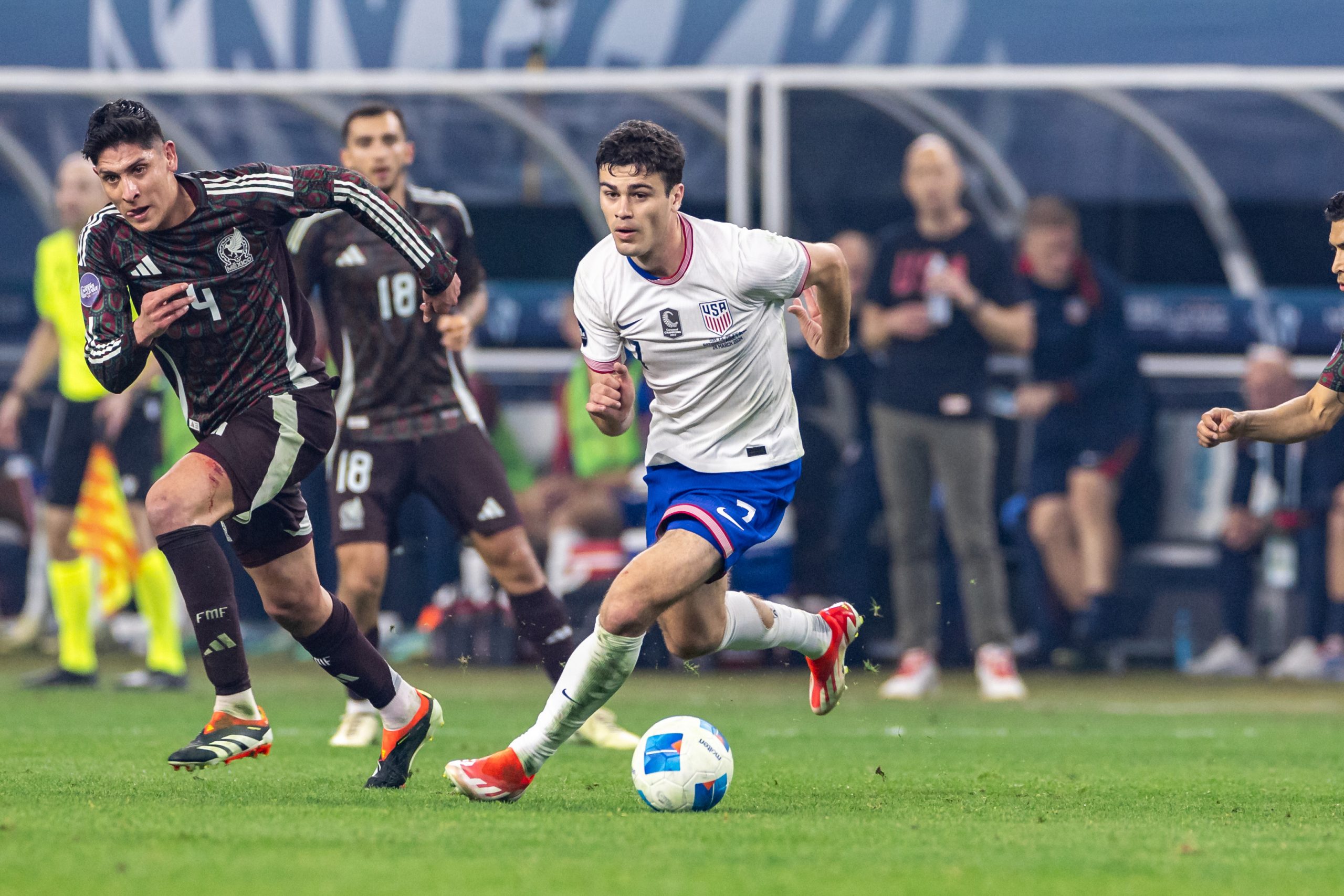 Geo Reyna cuts inside in the USA's 2-0 Nations League Final win over Mexico, March 24, 2024. (Matt Visinsky, 3rd Degree)