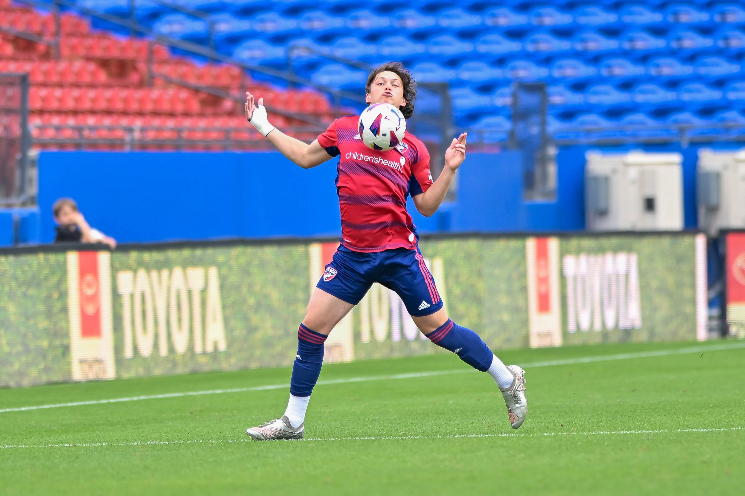 FC Dallas U19 defender Cristian Gallo uses his chest to control a long pass in the Dallas Cup Super Group Final against São Paulo FC at Toyota Stadium on Sunday, March 31, 2024. (Daniel McCullough, 3rd Degree)