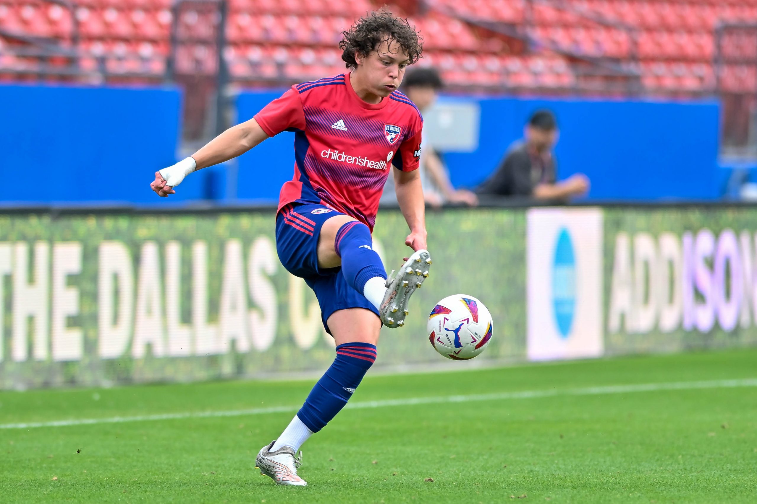 FC Dallas U19 defender Cristian Gallo receives the ball in the Dallas Cup Super Group Final against São Paulo FC at Toyota Stadium on Sunday, March 31, 2024. (Daniel McCullough, 3rd Degree)