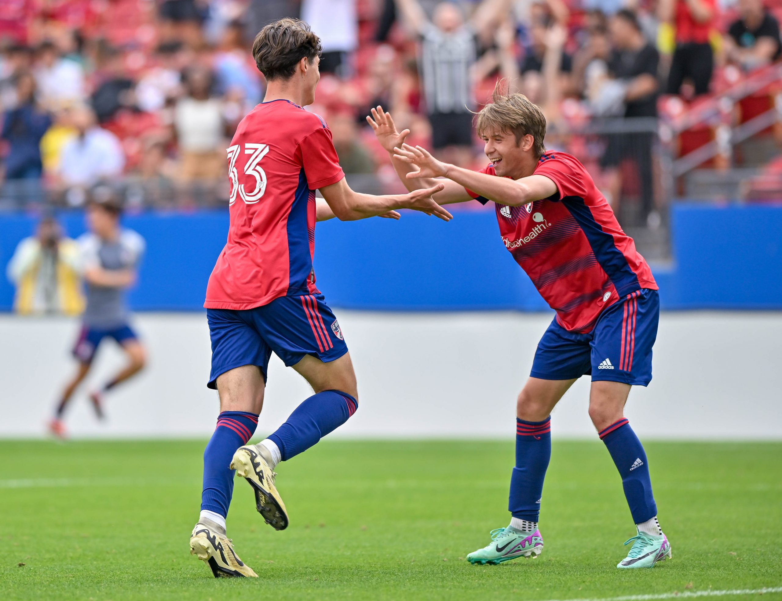 Daniel Baron and Dylan Lacy of FC Dallas U19 celebrate Baron’s goal in the Dallas Cup Super Group Final against São Paulo FC at Toyota Stadium on Sunday, March 31, 2024. (Daniel McCullough, 3rd Degree)