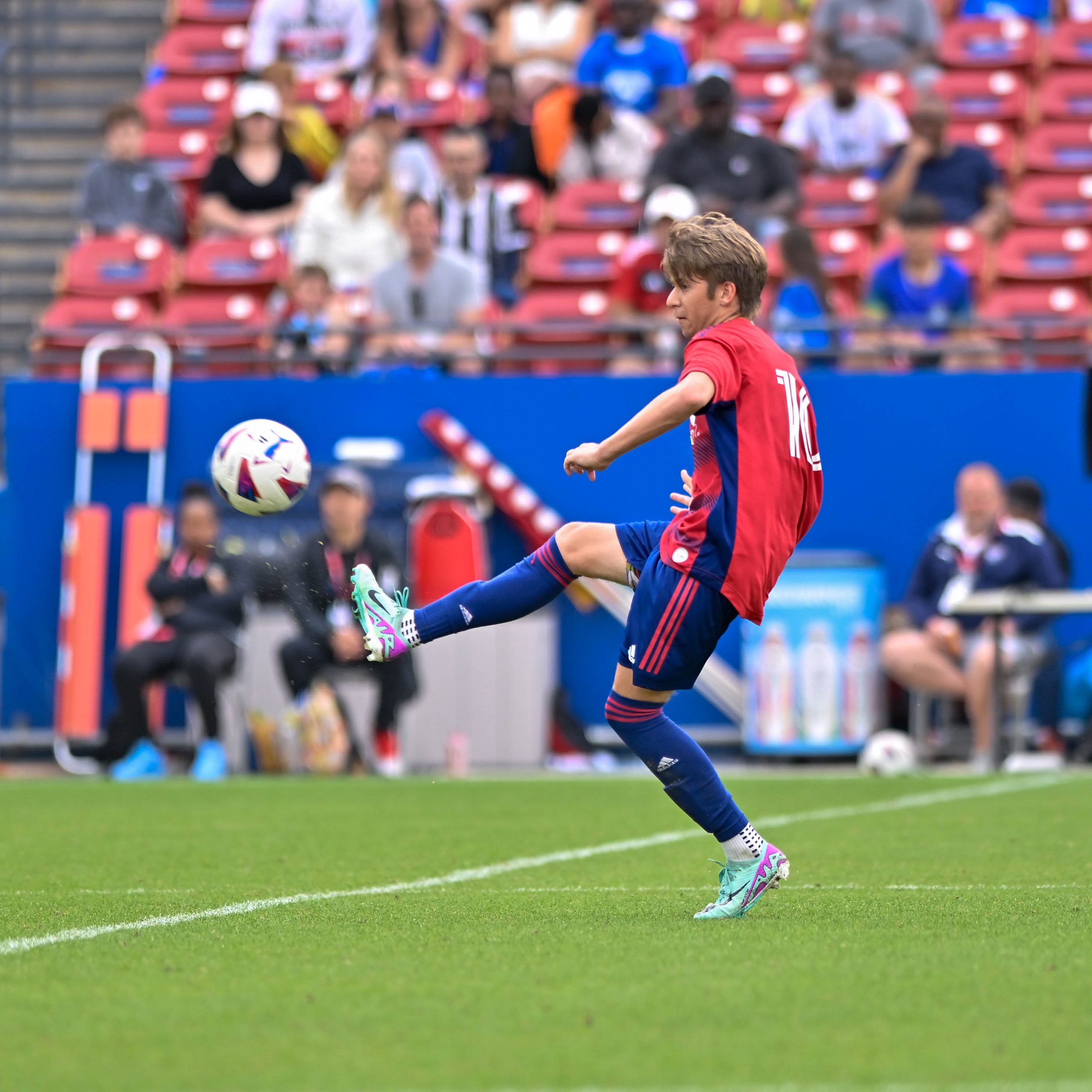 FC Dallas midfielder Dylan Lacy volleys the ball back to the opposing side in the Dallas Cup Super Group Final against São Paulo FC at Toyota Stadium on Sunday, March 31, 2024. (Daniel McCullough, 3rd Degree)