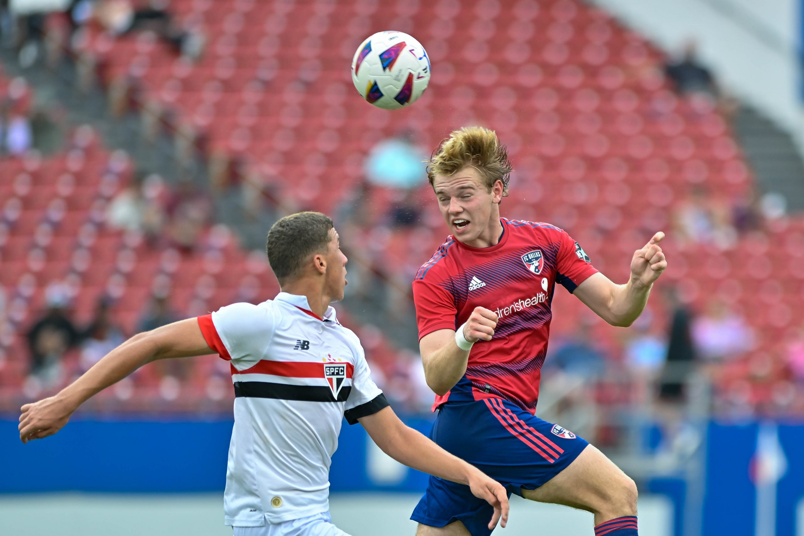 FC Dallas U19 defender Aiden Bazzell clears the ball in the Dallas Cup Super Group Final against São Paulo FC at Toyota Stadium on Sunday, March 31, 2024. (Daniel McCullough, 3rd Degree)