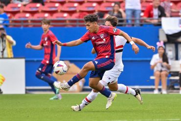 FC Dallas U19 midfielder Jared Salazar receives the ball in stride during the Dallas Cup Super Group Final against São Paulo FC at Toyota Stadium on Sunday, March 31, 2024. (Daniel McCullough, 3rd Degree)