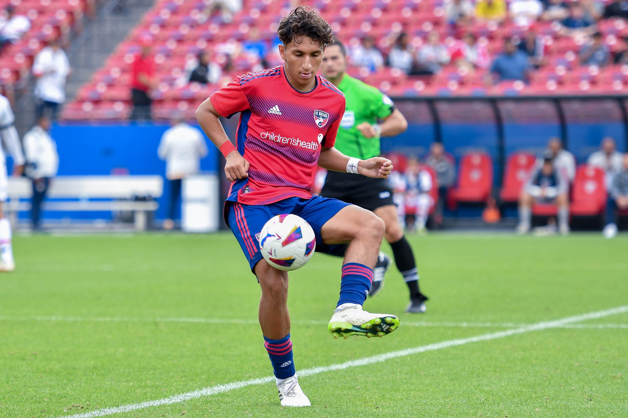 FC Dallas U19 midfielder Jared Salazar passes out wide in the Dallas Cup Super Group Final against São Paulo FC at Toyota Stadium on Sunday, March 31, 2024. (Daniel McCullough, 3rd Degree)