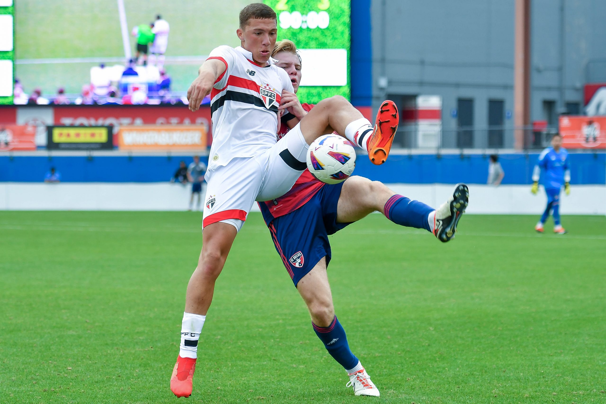 FC Dallas U19 defender Aiden Bazzell challenges for the ball in the Dallas Cup Super Group Final against São Paulo FC at Toyota Stadium on Sunday, March 31, 2024. (Daniel McCullough, 3rd Degree)