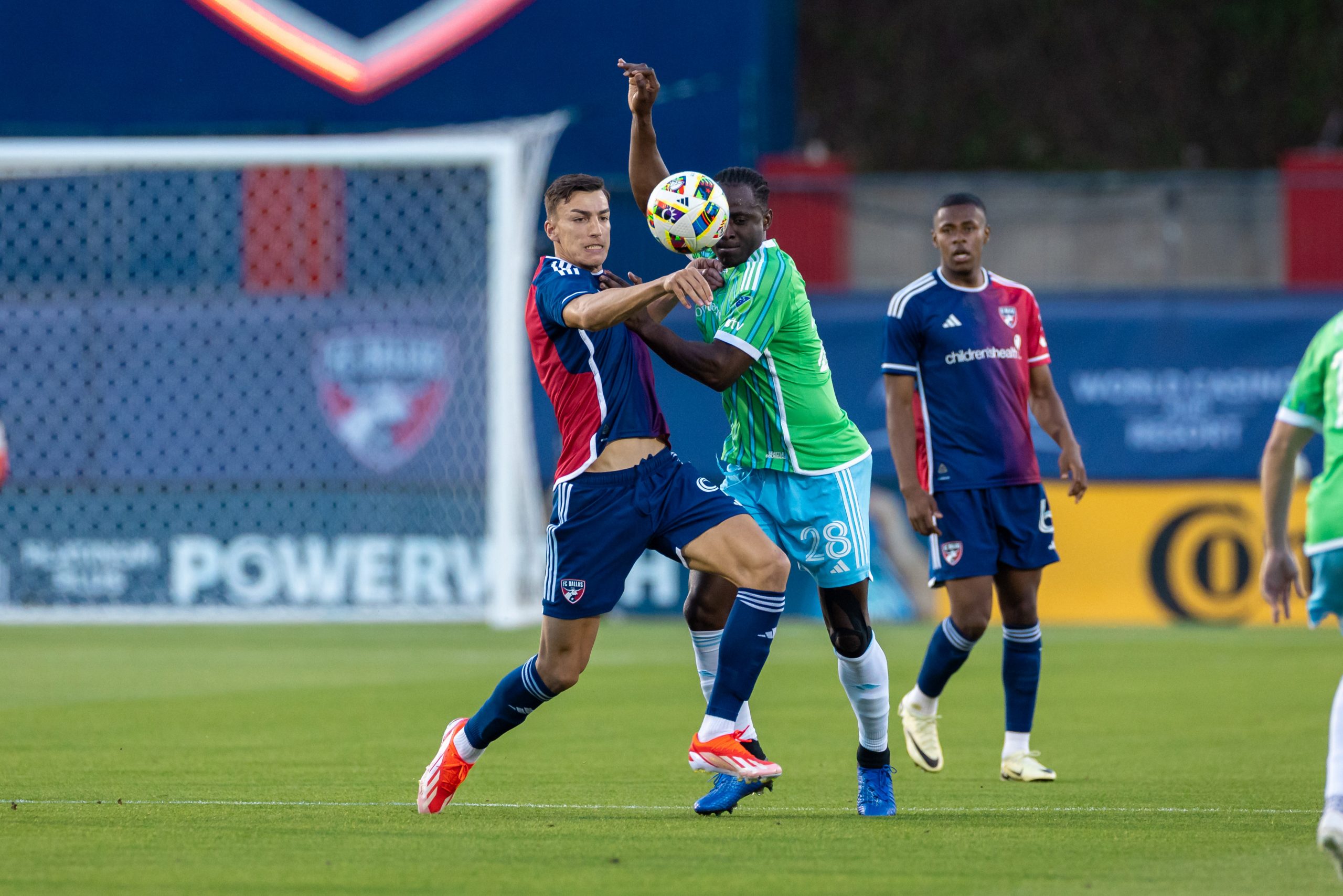 FRISCO, TX - APRIL 13: Petar Musa fights for the ball during the MLS soccer game between FC Dallas and Seattle Sounders FC on April 13, 2024 at Toyota Stadium in Frisco, TX. (Photo by Matthew Visinsky/Icon Sportswire)