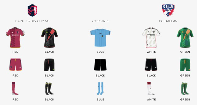 MLS kit assignments for FC Dallas at St Louis City, April 6, 2024. (Courtesy MLS)