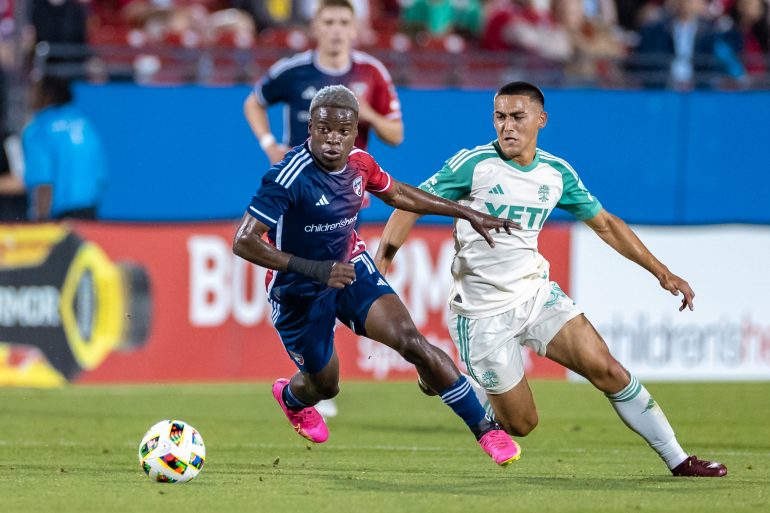 Bernard Kamungo cuts back with the ball in the 2-1 FC Dallas win over Austin FC, May 11, 2024. (Matt Visinsky, 3rd Degree)