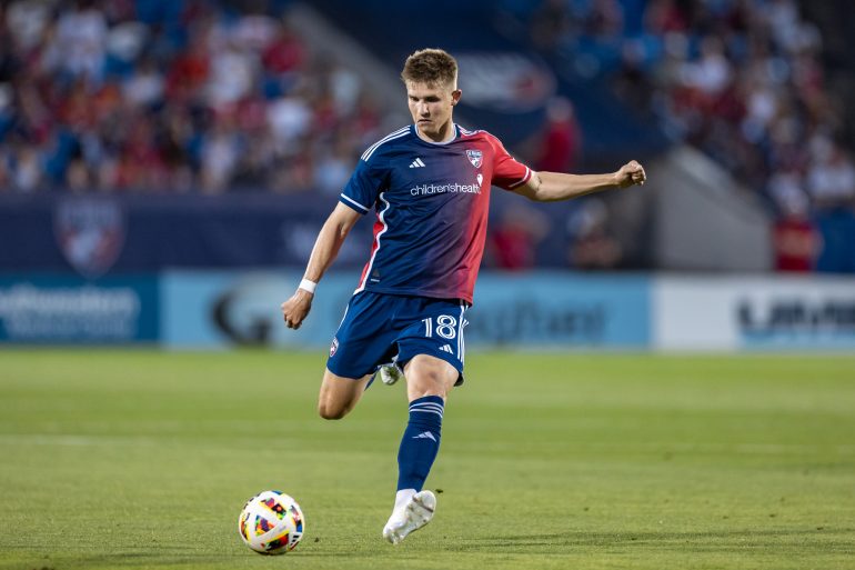 Liam Fraser makes a long pass in the 2-1 FC Dallas win over Austin FC, May 11, 2024. (Matt Visinsky, 3rd Degree)