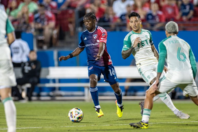 Tsiki Ntsabeleng is surrounded in the 2-1 FC Dallas win over Austin FC, May 11, 2024. (Matt Visinsky, 3rd Degree)