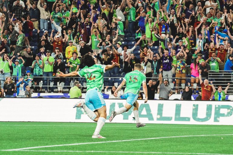 Jordan Morris and Paul Rothrock celebrate Morris' game winner against FC Dallas, June 22, 2024. (Courtesy FC Dallas)