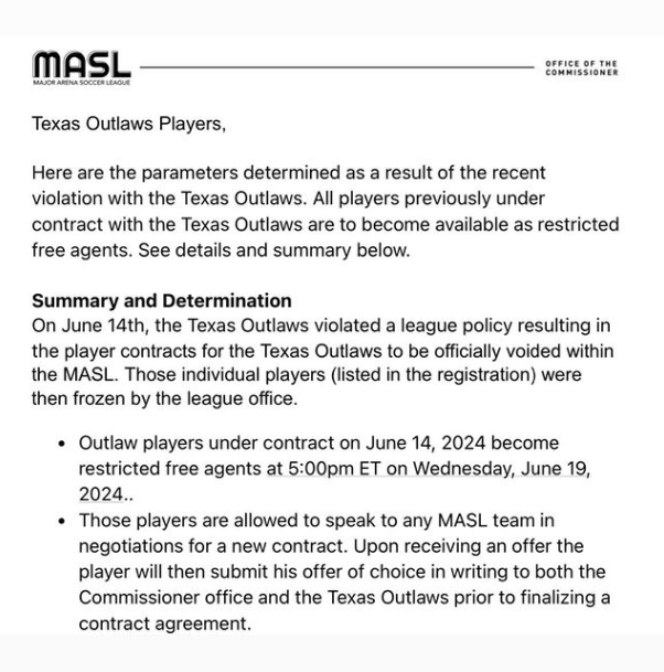 A letter from the MASL to Outlaws players posted to Instagram. 