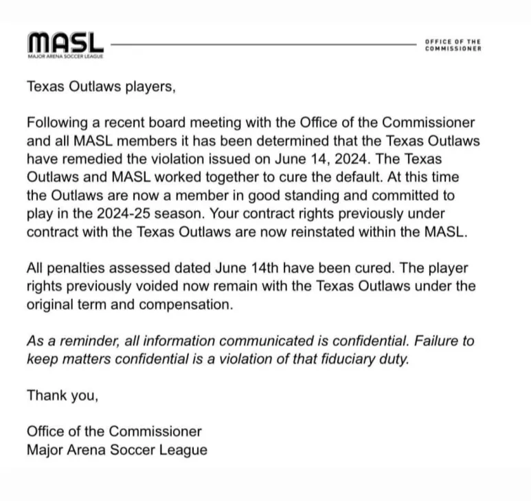 MASL letter announcing the Texas Outlaws return to "good standing."