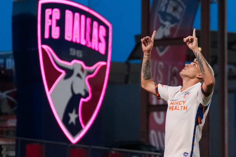 Luca Orellano celebrates his goal against FC Dallas, June 29, 2024. (Courtesy FC Cincinnati)