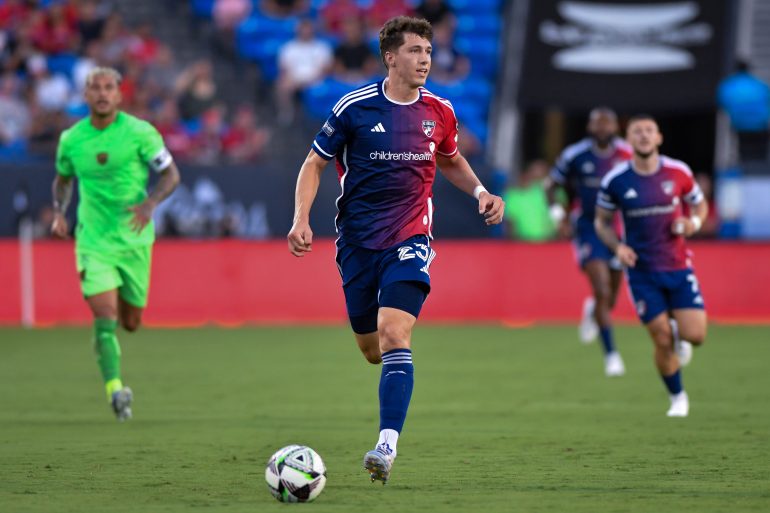 Logan Farrington (23) looks toward goal while chasing down the ball in the Leagues Cup match against FC Juárez at Toyota Stadium on Wednesday, July 31, 2024. (Daniel McCullough, 3rd Degree)