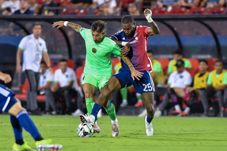Sebastien Ibeagha (25) wins the tackle in the Leagues Cup match against FC Juárez at Toyota Stadium on Wednesday, July 31, 2024. (Daniel McCullough, 3rd Degree)