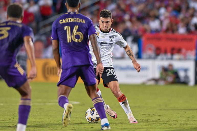 Alan Velasco (20) dribbles toward the Orlando City SC defense in the MLS match at Toyota Stadium on Saturday, September 28, 2024. (Daniel McCullough, 3rd Degree)