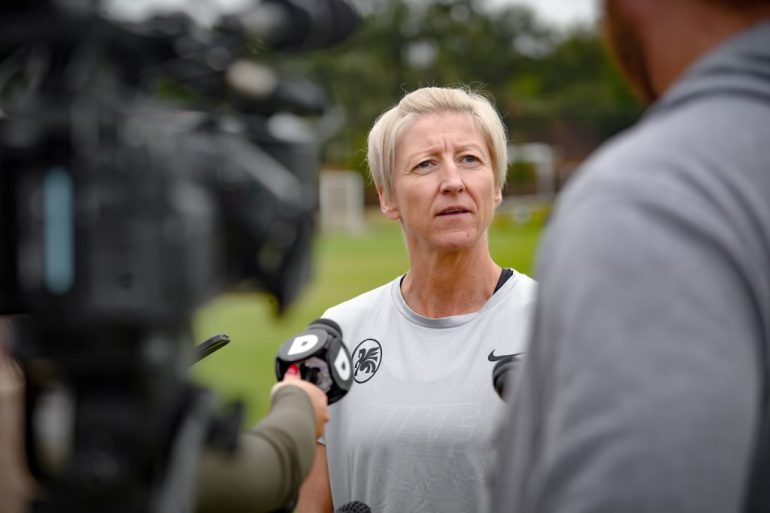 Coach Pauline MacDonald meets with media at Dallas Trinity FC training, Sept 23, 2024. (Credit: Vernon Hadnot)