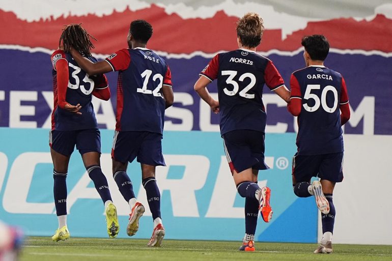 North Texas SC celebrates Tomas Pondeca's game winner against Vancouver Whitecaps 2 in the 2024 MLS Next Pro Playoffs. (Courtesy North Texas SC)