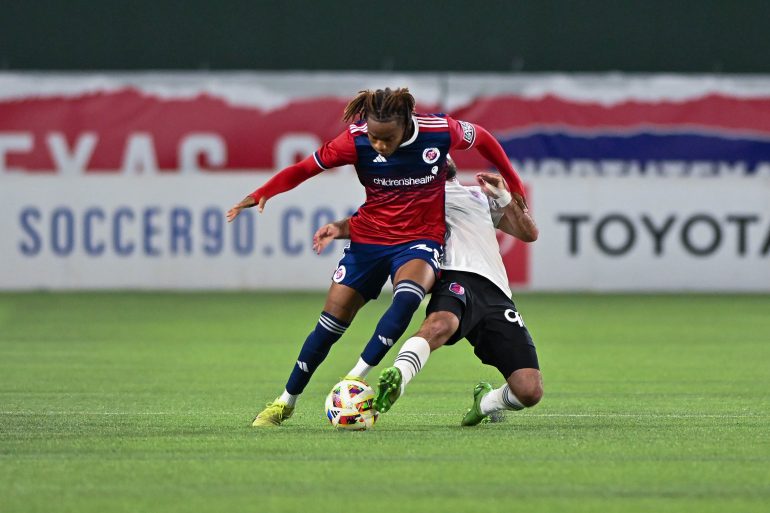 North Texas SC midfielder Tomas Pondeca (35) is tackled in the MLS Next Pro Western Conference Finals against St Louis City 2 at Choctaw Stadium on Saturday, November 2, 2024. (Daniel McCullough, 3rd Degree)