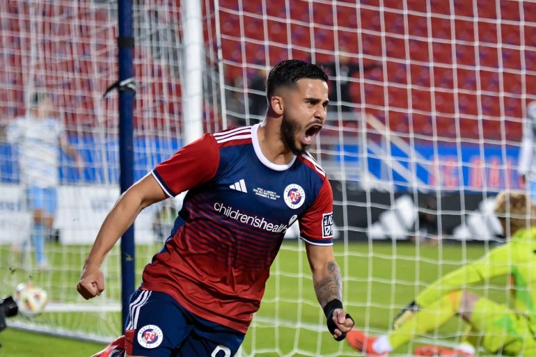 North Texas SC winger Enes Sali (99) celebrates his game tying goal in the MLS Next Pro Cup against Philadelphia Union 2 at Toyota Stadium on Saturday, November 9, 2024. (Daniel McCullough, 3rd Degree)