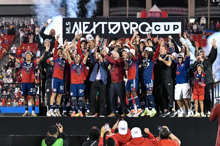 North Texas SC lifts the MLS Next Pro Cup following the final against Philadelphia Union 2 at Toyota Stadium on Saturday, November 9, 2024. (Daniel McCullough, 3rd Degree)