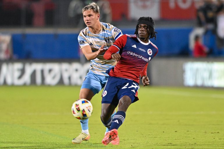 North Texas SC defender Herbert Endeley (27) passes back to the goalie in the MLS Next Pro Cup against Philadelphia Union 2 at Toyota Stadium on Saturday, November 9, 2024. (Daniel McCullough, 3rd Degree)