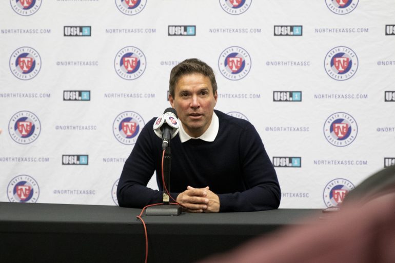 Eric Quill talks to media while head coach of North Texas SC. (Courtesy FC Dallas)