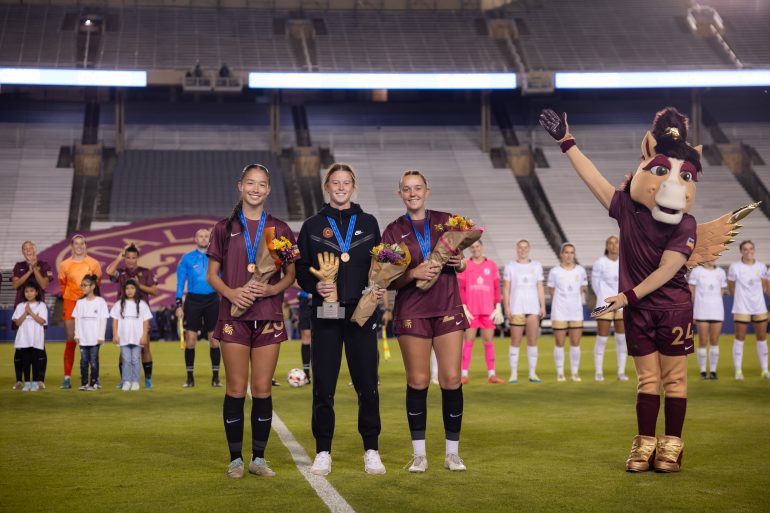 Kiara Gilmore, Evan O'Steen, and Jordyn Hardeman are honored before Dallas Trinity FC played Spokane Zephyr FC (Dallas Trinity FC)