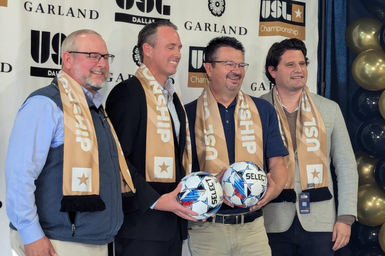USL Dallas Announcement (left to right) Co-Founder Sam Morton, Co-Founder Matt Valentine, Garland Mayor Scott LeMay, and USL Deputy Chief Executive Officer Justin Papadakis. November 19, 2024. (Buzz Carrick, 3rd Degree)