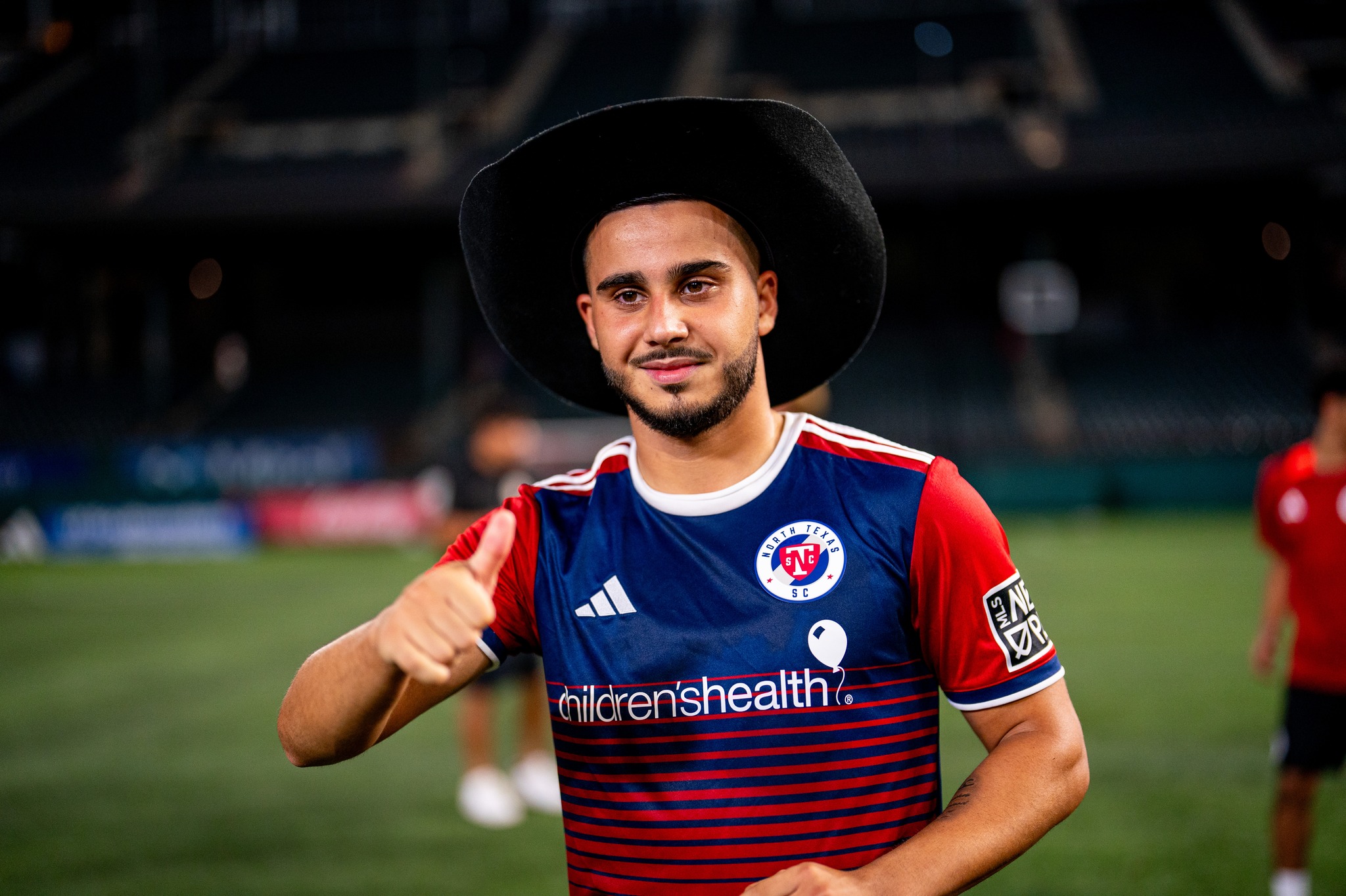 Enes Sali wearing the North Texas SC Man of the Match cowboy hat in 2024. (Courtesy North Texas SC)