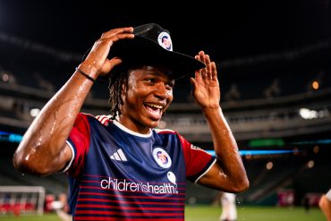 Tarik Scott wearing the North Texas SC Man of the Match cowboy hat in 2024. (Courtesy North Texas SC)