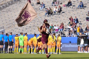 Dallas Trinity FC’s mascot Boots runs across the field before the the USL Super League match against Tampa Bay Sun FC at the Cotton Bowl. (Daniel McCullough, 3rd Degree)