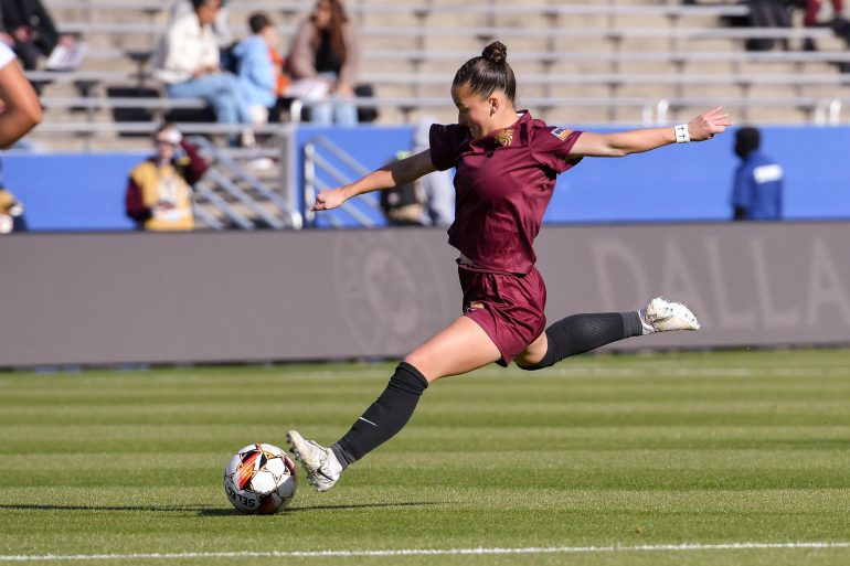 Dallas Trinity FC midfielder Sealey Strawn (12) shoots in the USL Super League match against Spokane Zephyr FC at the Cotton Bowl on Saturday, February 22, 2025. (Daniel McCullough, 3rd Degree)