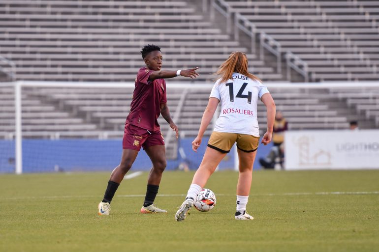 Dallas Trinity FC midfielder Deborah Abiodun (6) directs teammates in the USL Super League match against Spokane Zephyr FC at the Cotton Bowl on Saturday, February 22, 2025. (Daniel McCullough, 3rd Degree)