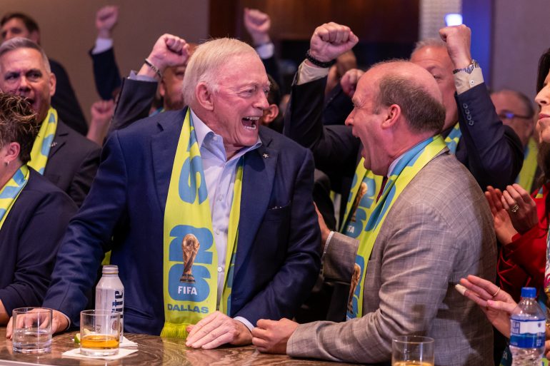 Jerry Jones and Dan Hunt react to the news of AT&T Stadium hosting nine World Cup games. (FC Dallas)