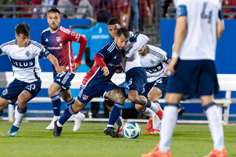 Lucho Acosta dribbles into traffic against the Vancouver Whitecaps, March 15, 2025. (Matt Visinsky, 3rd Degree)