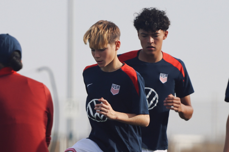 Justus Jones and Christian Guillen Lopez take part in US U15 training, Feb-Mar 2025. (Courtesy US Soccer)