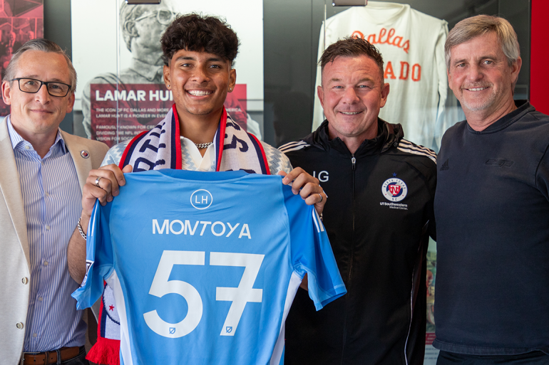 Nico Montoya signs with North Texas SC. Left to right: NTSC GM Matt Denny, Montoya, NTSC Coach John Gall, FCD Academy Director Chris Hayden/ (Courtesy North Texas SC)