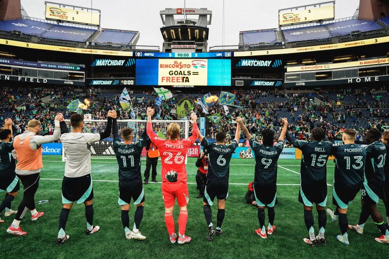 The Sounders celebrate their 5-2 win over LAFC. (Courtesy Seattle Sounders)