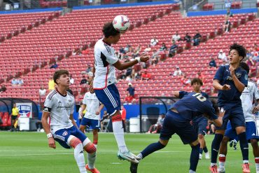 FC Dallas defender Christian Guillen-Lopez (6) gets on the end of a corner in the Dallas Cup U15 Final against Rebels SC ECNL at Toyota Stadium. (Daniel McCullough, 3rd Degree)